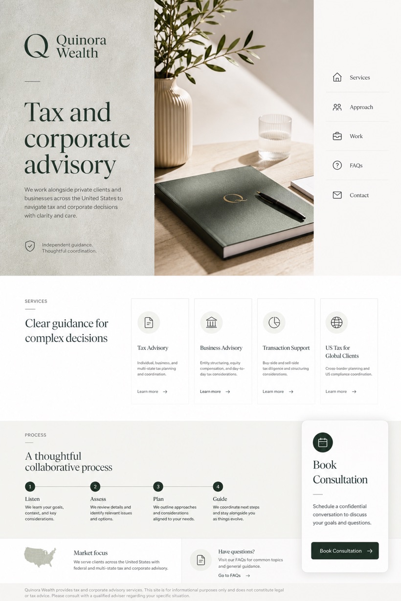 Finance website design for United States, showing a clear opening, service information, supporting content, and a focused inquiry action.