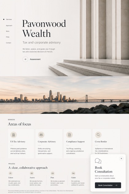 Finance website design for United States, showing a clear opening, service information, supporting content, and a focused inquiry action.
