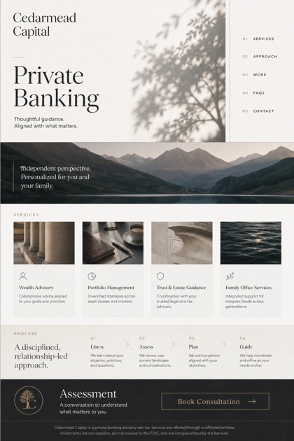 Finance website design for United States, showing a clear opening, service information, supporting content, and a focused inquiry action.