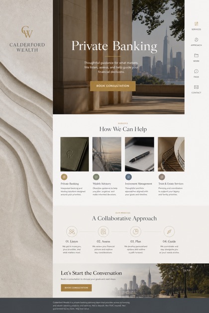 Finance website design for United States, showing a clear opening, service information, supporting content, and a focused inquiry action.