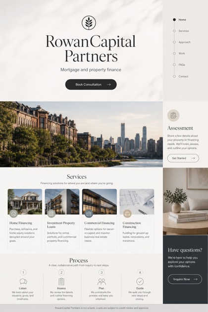 Finance website design for United States, showing a clear opening, service information, supporting content, and a focused inquiry action.