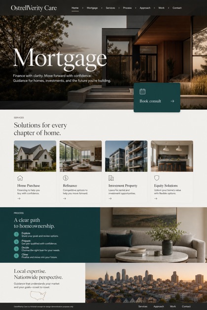 Finance website design for United States, showing a clear opening, service information, supporting content, and a focused inquiry action.