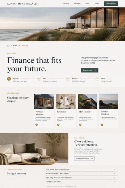 Finance website design for United States, showing a clear opening, service information, supporting content, and a focused inquiry action.