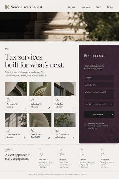 Finance website design for United States, showing a clear opening, service information, supporting content, and a focused inquiry action.