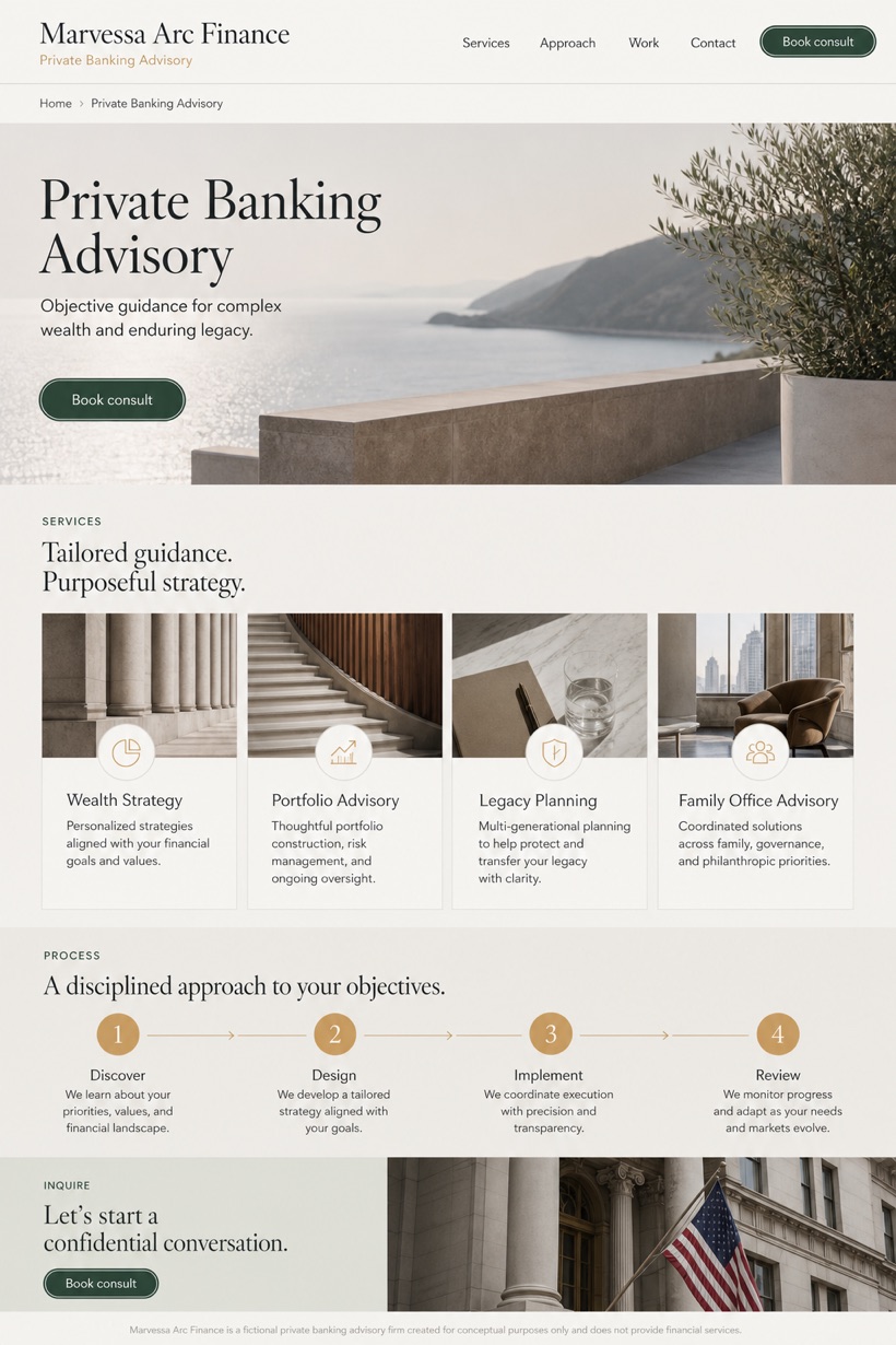 Finance website design for United States, showing a clear opening, service information, supporting content, and a focused inquiry action.