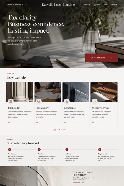 Finance website design for United States, showing a clear opening, service information, supporting content, and a focused inquiry action.