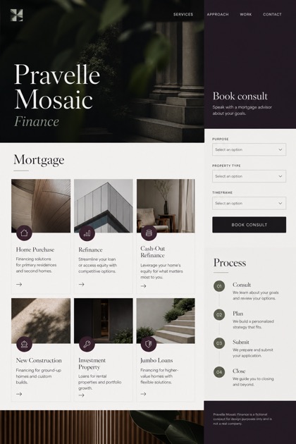 Finance website design for United States, showing a clear opening, service information, supporting content, and a focused inquiry action.