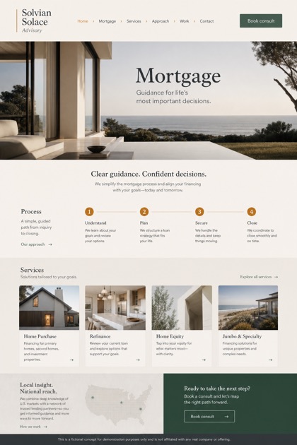 Finance website design for United States, showing a clear opening, service information, supporting content, and a focused inquiry action.