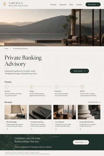 Finance website design for United States, showing a clear opening, service information, supporting content, and a focused inquiry action.