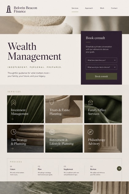 Finance website design for United States, showing a clear opening, service information, supporting content, and a focused inquiry action.