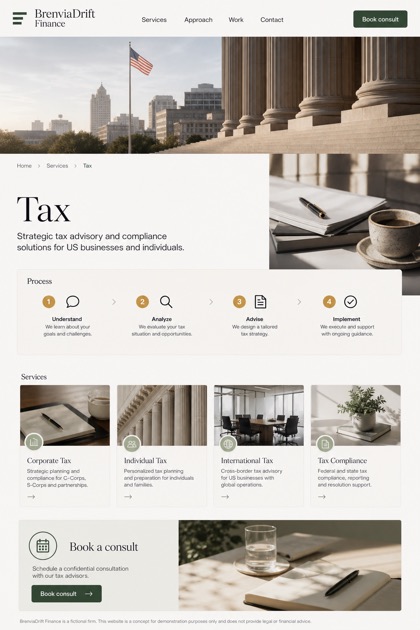 Finance website design for United States, showing a clear opening, service information, supporting content, and a focused inquiry action.