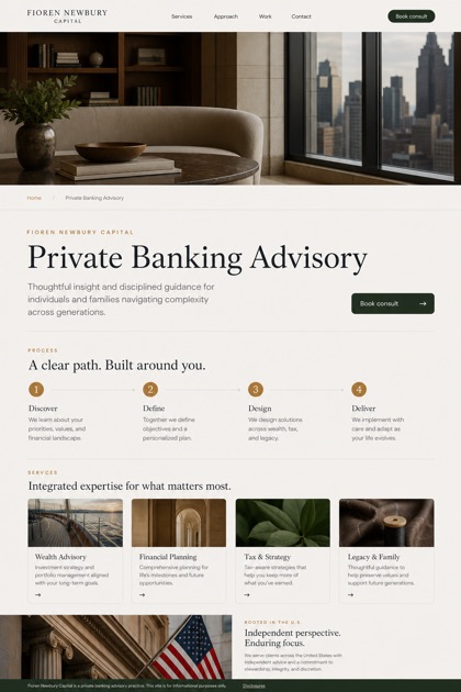 Finance website design for United States, showing a clear opening, service information, supporting content, and a focused inquiry action.