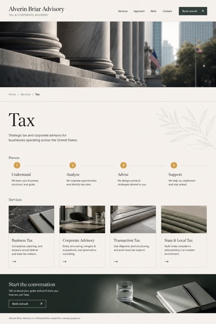 Finance website design for United States, showing a clear opening, service information, supporting content, and a focused inquiry action.