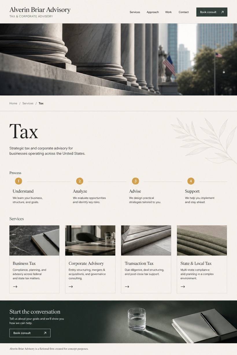 Finance website design for United States, showing a clear opening, service information, supporting content, and a focused inquiry action.