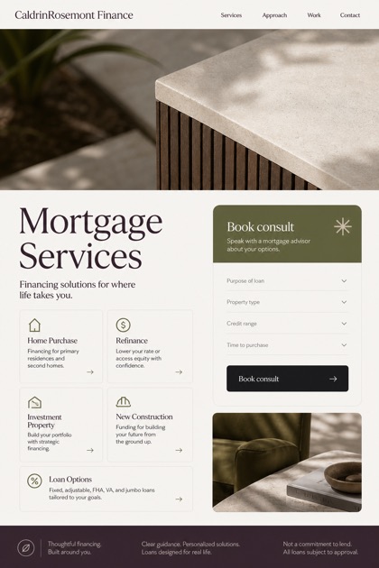 Finance website design for United States, showing a clear opening, service information, supporting content, and a focused inquiry action.