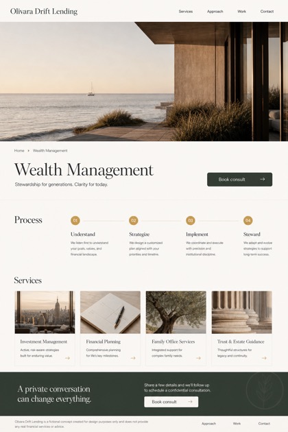 Finance website design for United States, showing a clear opening, service information, supporting content, and a focused inquiry action.