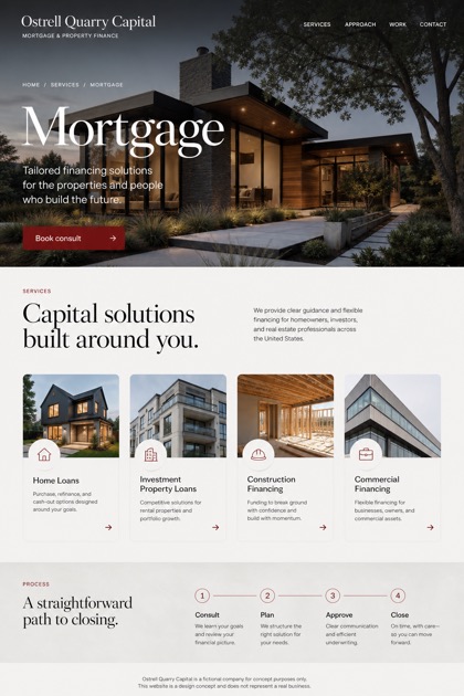 Finance website design for United States, showing a clear opening, service information, supporting content, and a focused inquiry action.