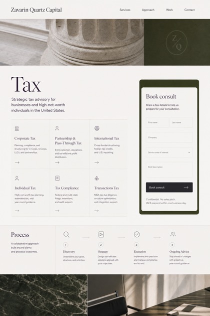 Finance website design for United States, showing a clear opening, service information, supporting content, and a focused inquiry action.