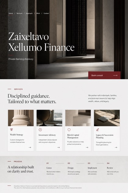 Finance website design for United States, showing a clear opening, service information, supporting content, and a focused inquiry action.
