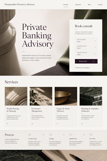 Finance website design for United States, showing a clear opening, service information, supporting content, and a focused inquiry action.