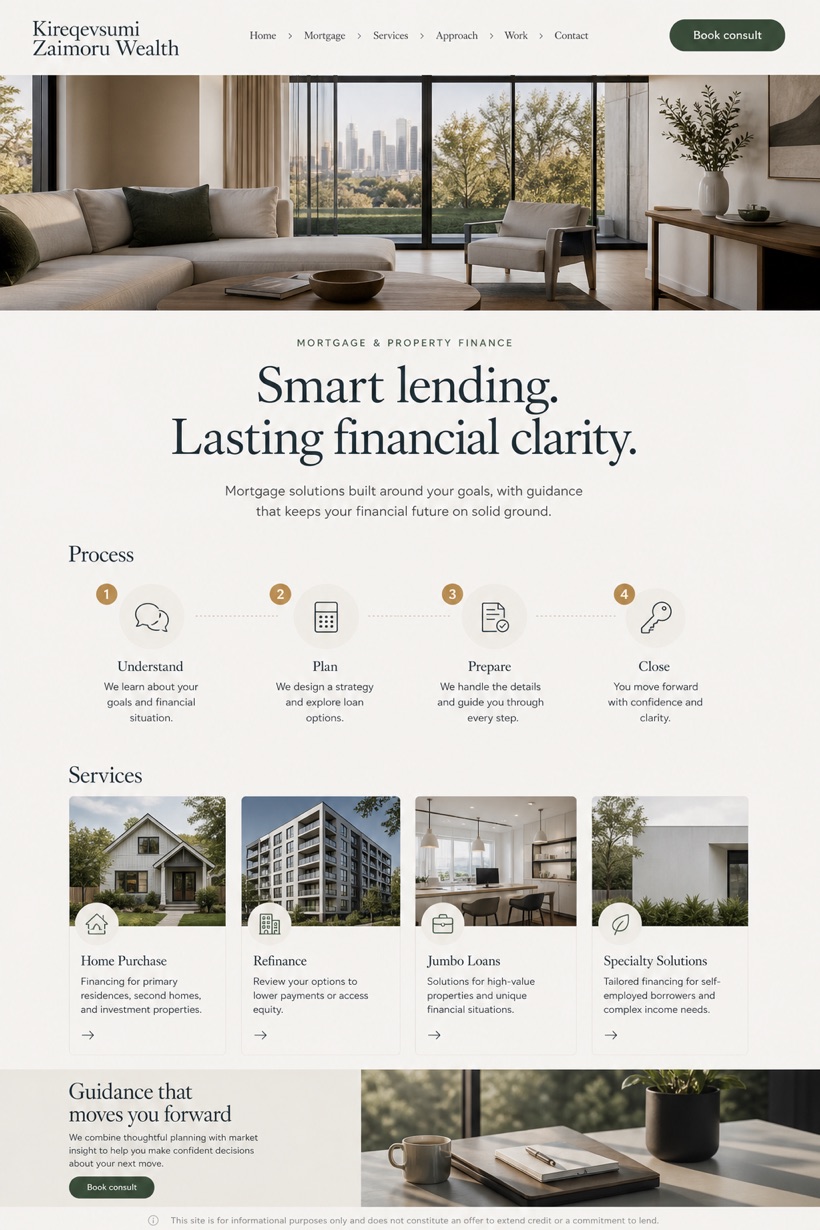 Finance website design for United States, showing a clear opening, service information, supporting content, and a focused inquiry action.