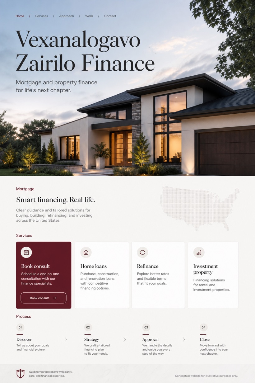 Finance website design for United States, showing a clear opening, service information, supporting content, and a focused inquiry action.