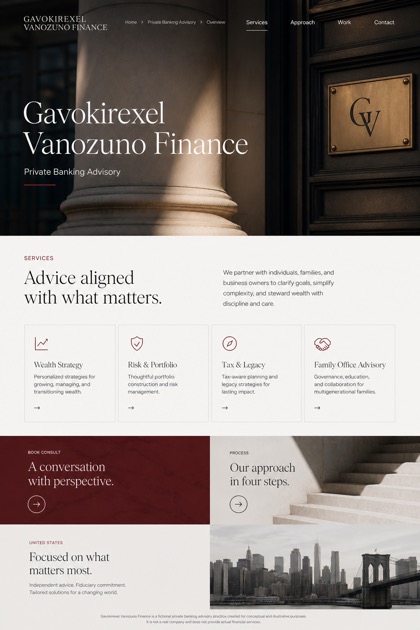 Finance website design for United States, showing a clear opening, service information, supporting content, and a focused inquiry action.