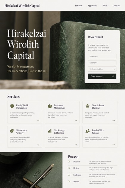 Finance website design for United States, showing a clear opening, service information, supporting content, and a focused inquiry action.