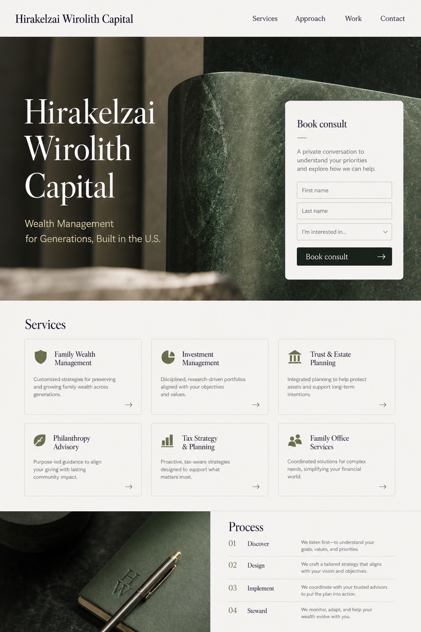 Finance website design for United States, showing a clear opening, service information, supporting content, and a focused inquiry action.