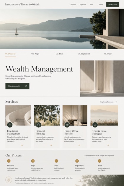 Finance website design for United States, showing a clear opening, service information, supporting content, and a focused inquiry action.