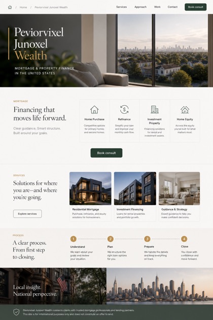 Finance website design for United States, showing a clear opening, service information, supporting content, and a focused inquiry action.
