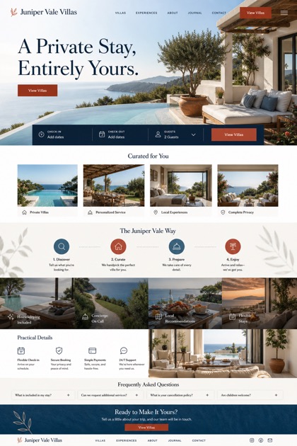 Fictional Juniper Vale Villas Private villa hospitality website design showcase with a complete 2:3 page layout, service sections, practical information, and contact action