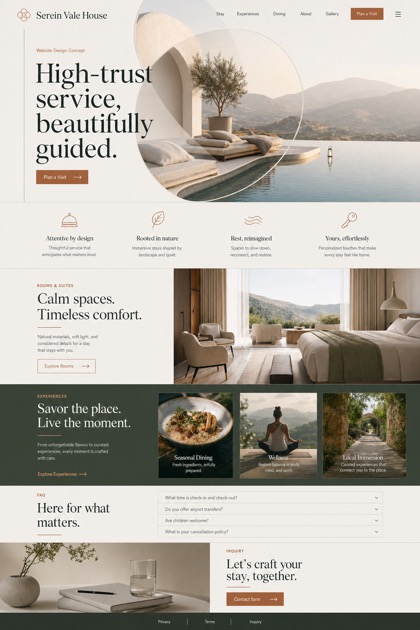 Fictional Serein Vale House Boutique resort website design showcase in a 2:3 layout with service sections, FAQ, and inquiry action