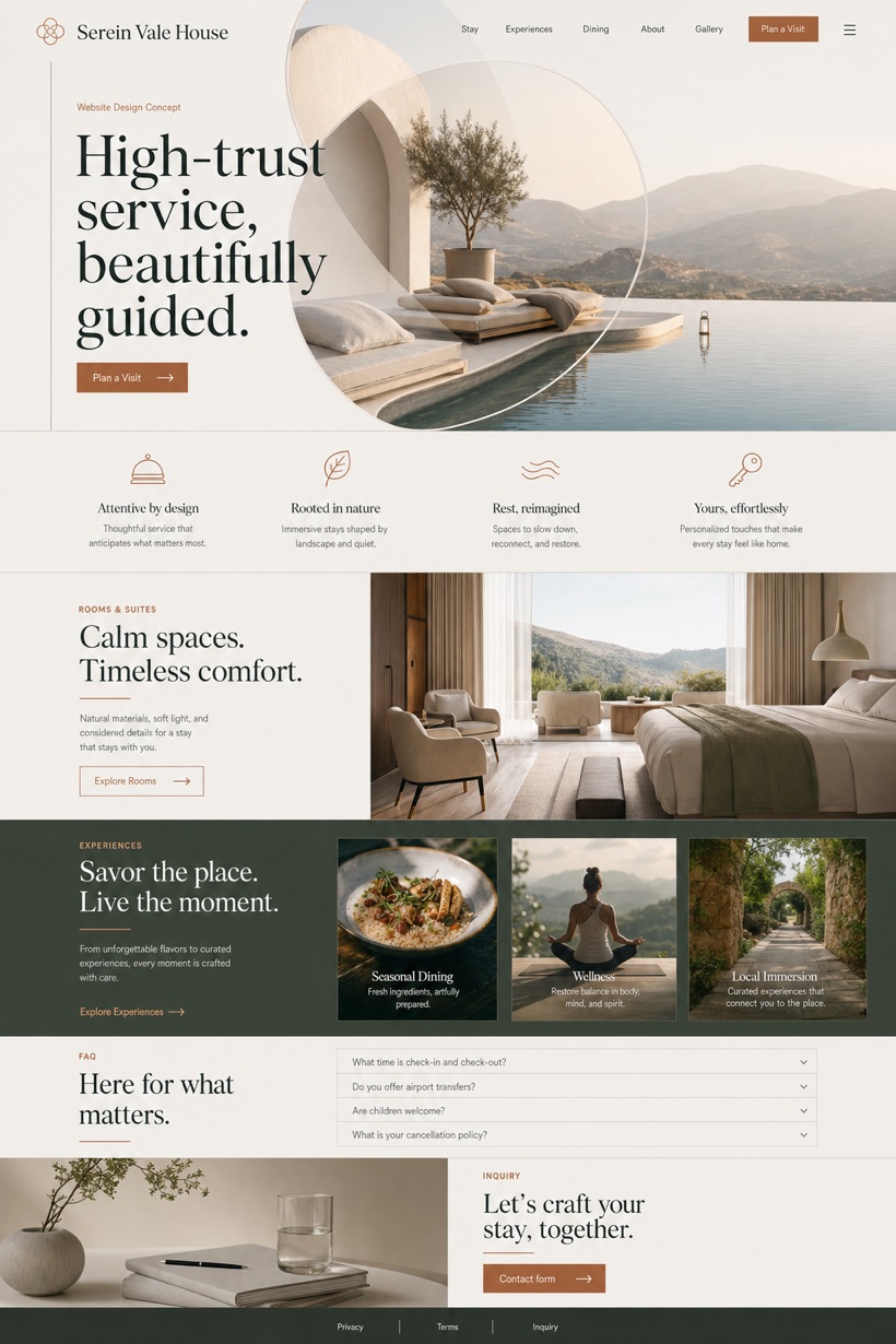Fictional Serein Vale House Boutique resort website design showcase in a 2:3 layout with service sections, FAQ, and inquiry action