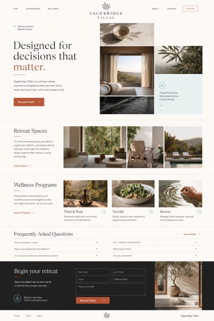 Fictional Sagebridge Villas Wellness retreat website design showcase in a 2:3 layout with service sections, FAQ, and inquiry action