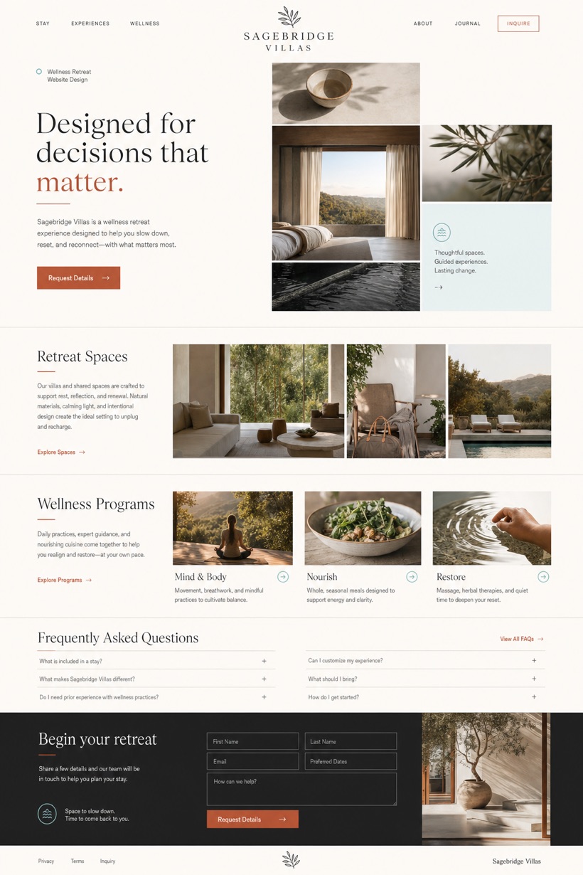 Fictional Sagebridge Villas Wellness retreat website design showcase in a 2:3 layout with service sections, FAQ, and inquiry action