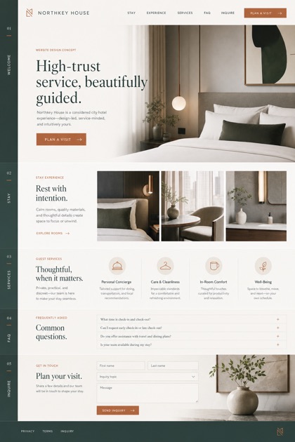 Fictional Northkey House Design-led city hotel website design showcase in a 2:3 layout with service sections, FAQ, and inquiry action