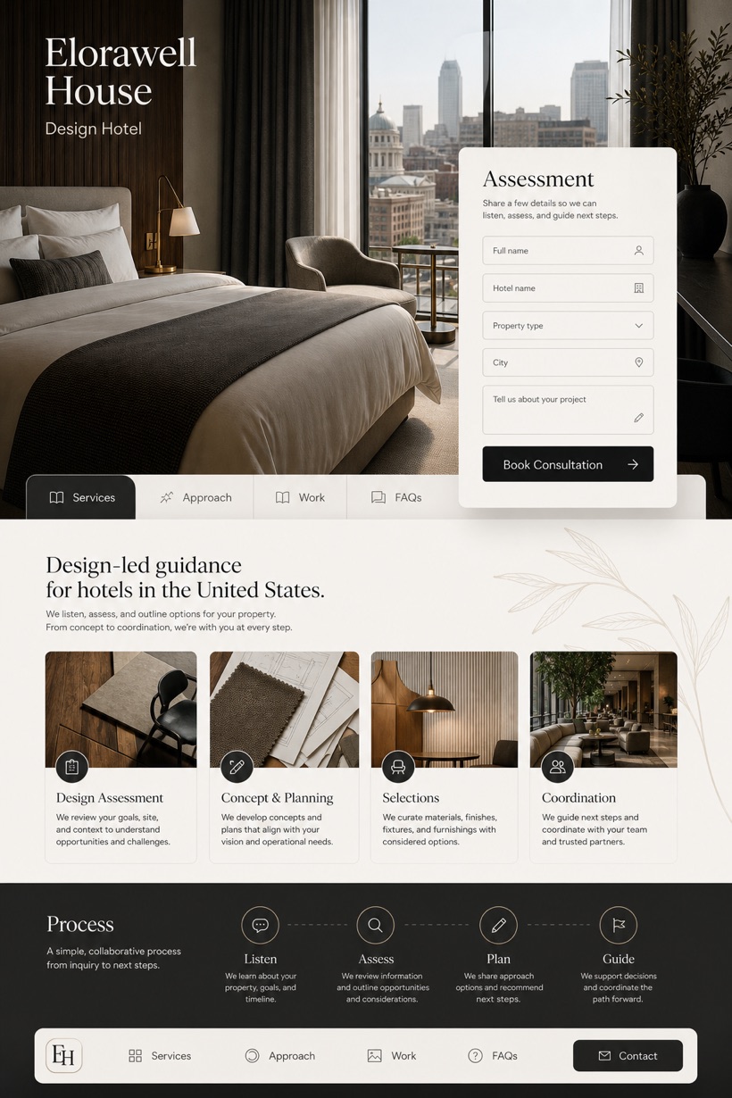 Hospitality website design for United States, showing a clear opening, service information, supporting content, and a focused inquiry action.