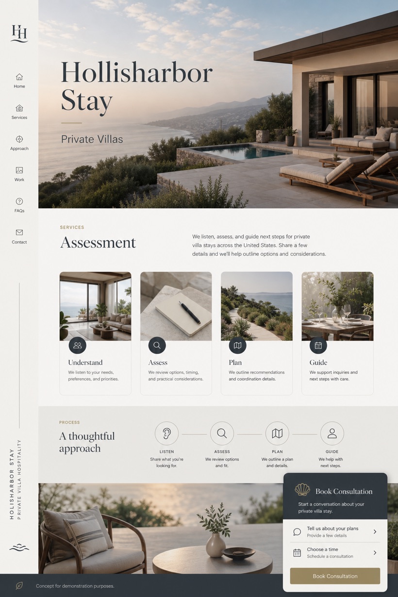 Hospitality website design for United States, showing a clear opening, service information, supporting content, and a focused inquiry action.