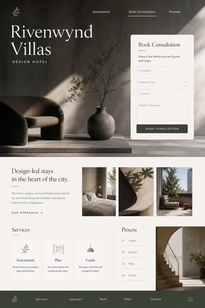 Hospitality website design for United States, showing a clear opening, service information, supporting content, and a focused inquiry action.
