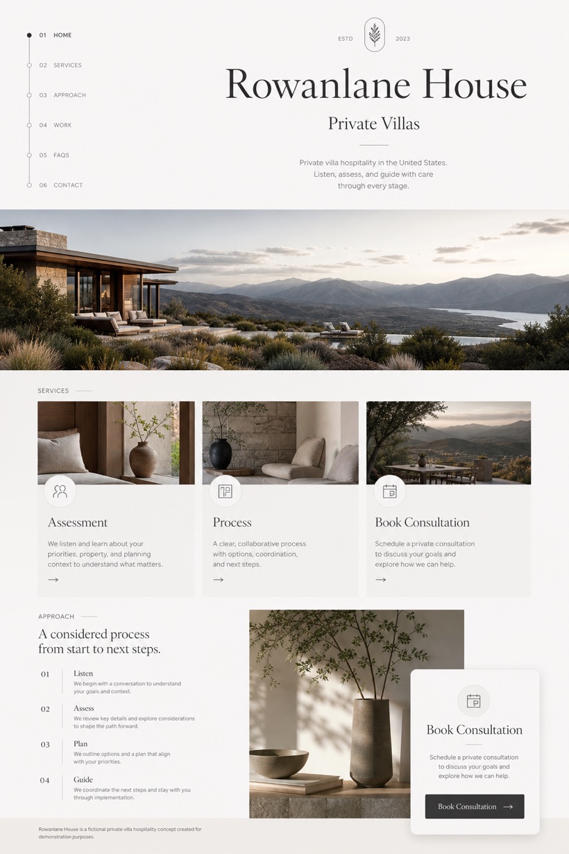 Hospitality website design for United States, showing a clear opening, service information, supporting content, and a focused inquiry action.