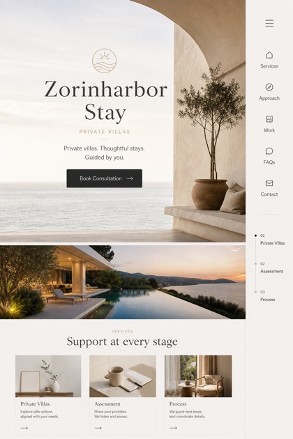 Hospitality website design for United States, showing a clear opening, service information, supporting content, and a focused inquiry action.