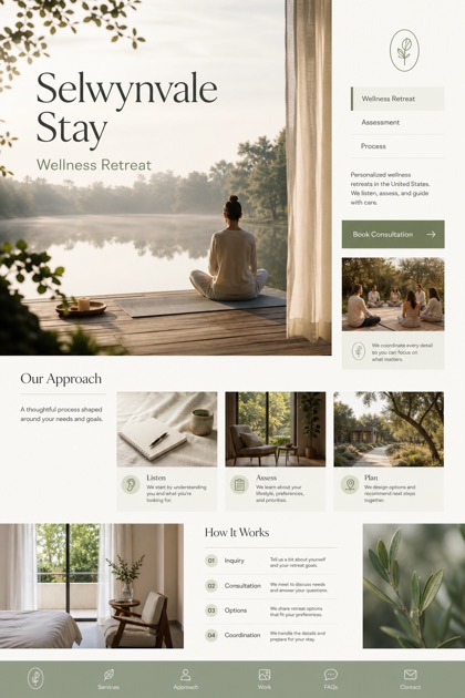 Hospitality website design for United States, showing a clear opening, service information, supporting content, and a focused inquiry action.
