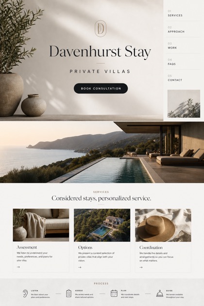 Hospitality website design for United States, showing a clear opening, service information, supporting content, and a focused inquiry action.