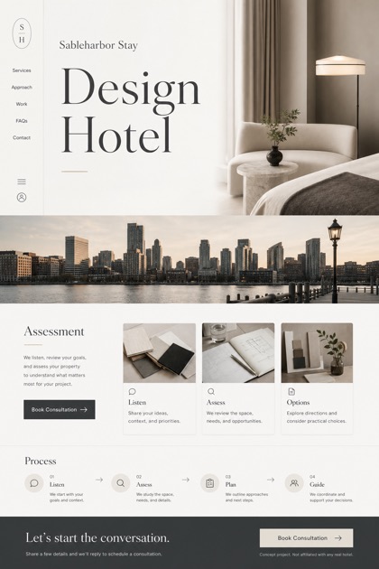 Hospitality website design for United States, showing a clear opening, service information, supporting content, and a focused inquiry action.