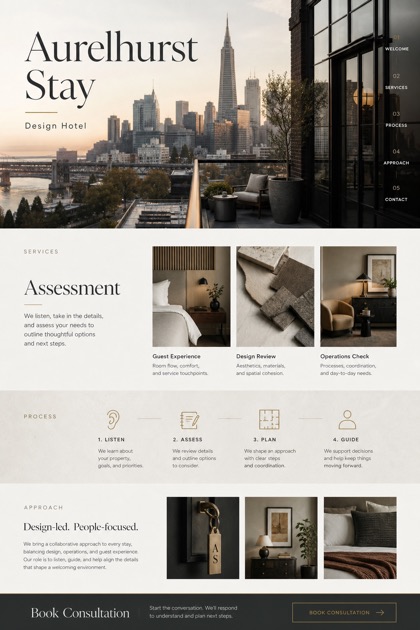 Hospitality website design for United States, showing a clear opening, service information, supporting content, and a focused inquiry action.