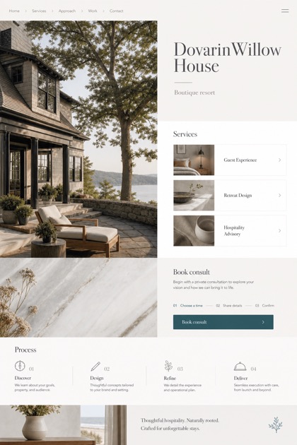 Hospitality website design for United States, showing a clear opening, service information, supporting content, and a focused inquiry action.