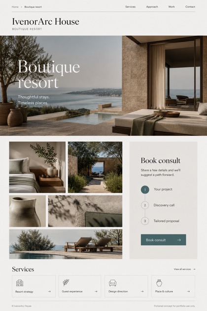 Hospitality website design for United States, showing a clear opening, service information, supporting content, and a focused inquiry action.