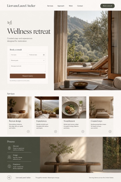 Hospitality website design for United States, showing a clear opening, service information, supporting content, and a focused inquiry action.