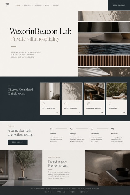 Hospitality website design for United States, showing a clear opening, service information, supporting content, and a focused inquiry action.